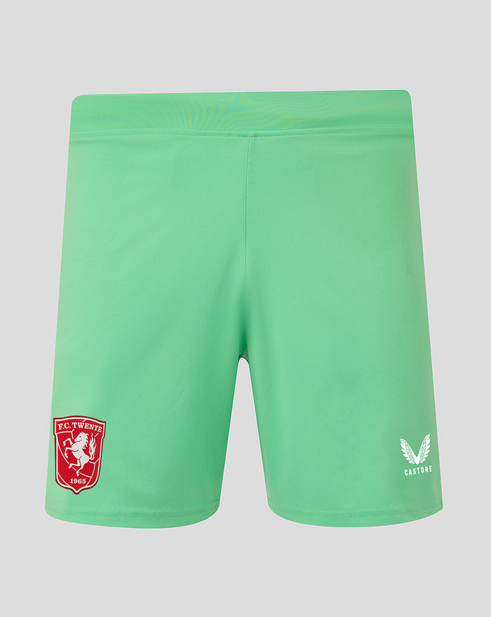 Back view of neon green FC Twente keeper shorts with crest on left leg and Castore logo on right