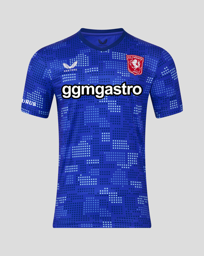 Blue FC Twente 25/26 away shirt with dotted print and club crest on the chest.