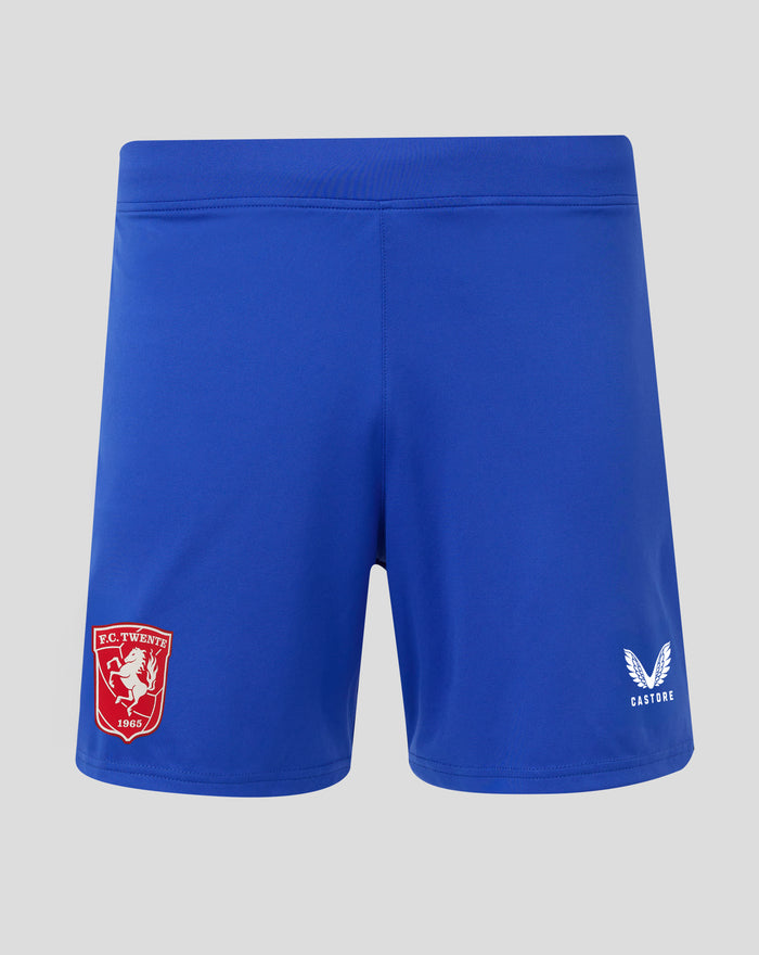Back view of blue FC Twente shorts with elastic waistband and left leg crest.