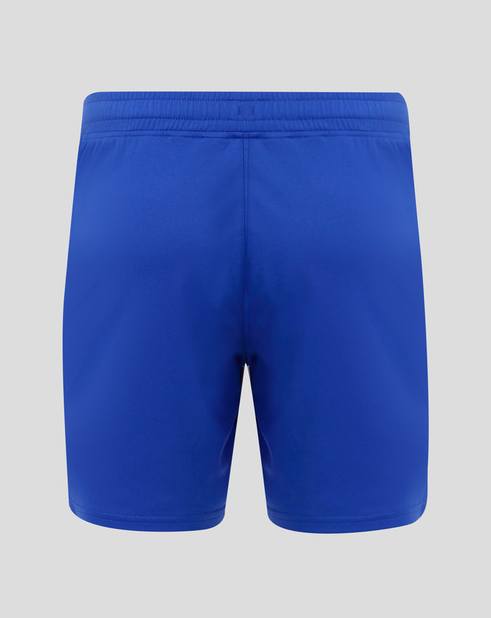 Front view of blue FC Twente shorts with crest on left leg and Castore logo on right leg.