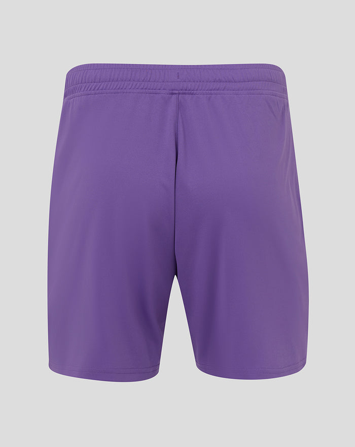 Back view of purple FC Twente keeper shorts with elastic waistband and crest on the right leg.
