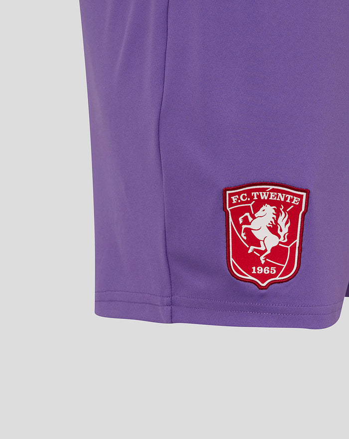 Close-up view of purple FC Twente keeper short showing crest on the lower leg.