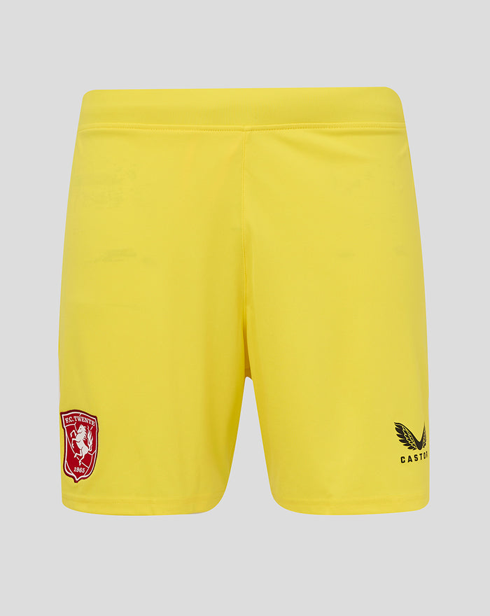 Back view of yellow FC Twente goalkeeper shorts with crest on left leg and Castore logo on right.