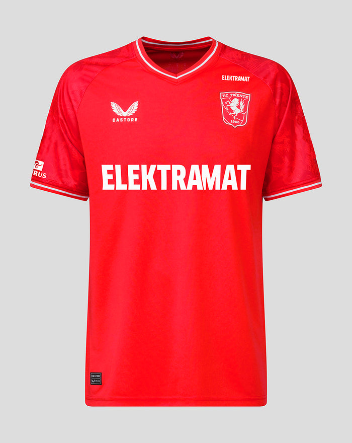 Red FC Twente home shirt 23/24 for men with Elektramat sponsor across chest and club crest on left