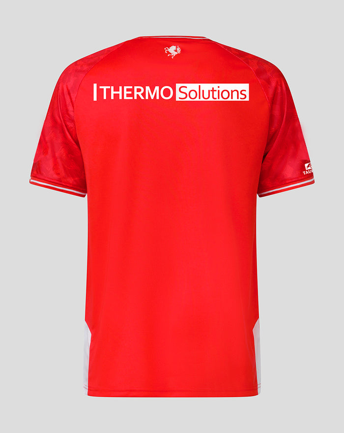 Back view of FC Twente home shirt 23/24 for men in red with sponsor across the upper back, small crest at the neck and white piping on the collar