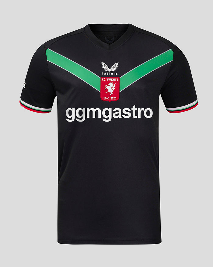 Front view of FC Twente third shirt 25/26 men's black jersey with green chevron crest and ggmastro sponsor across the chest.