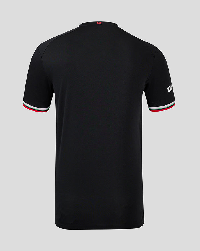 Back view of black FC Twente third shirt with a small red crest at the collar and tricolor cuff stripes