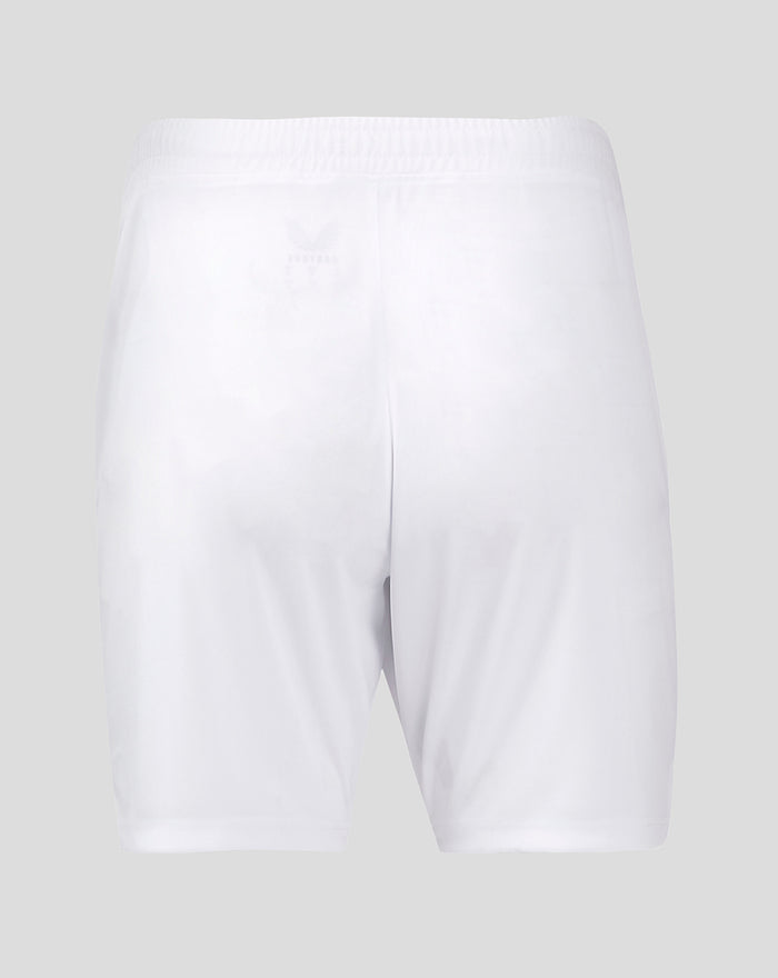 Back view of white FC Twente Derde Short with elastic waistband and subtle branding on the back.