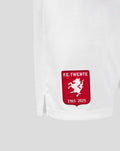Close-up of white FC Twente Derde Short showing red crest patch on left leg.