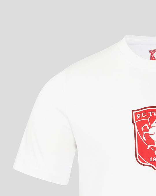 Close up of red FC Twente crest on a white T shirt for men