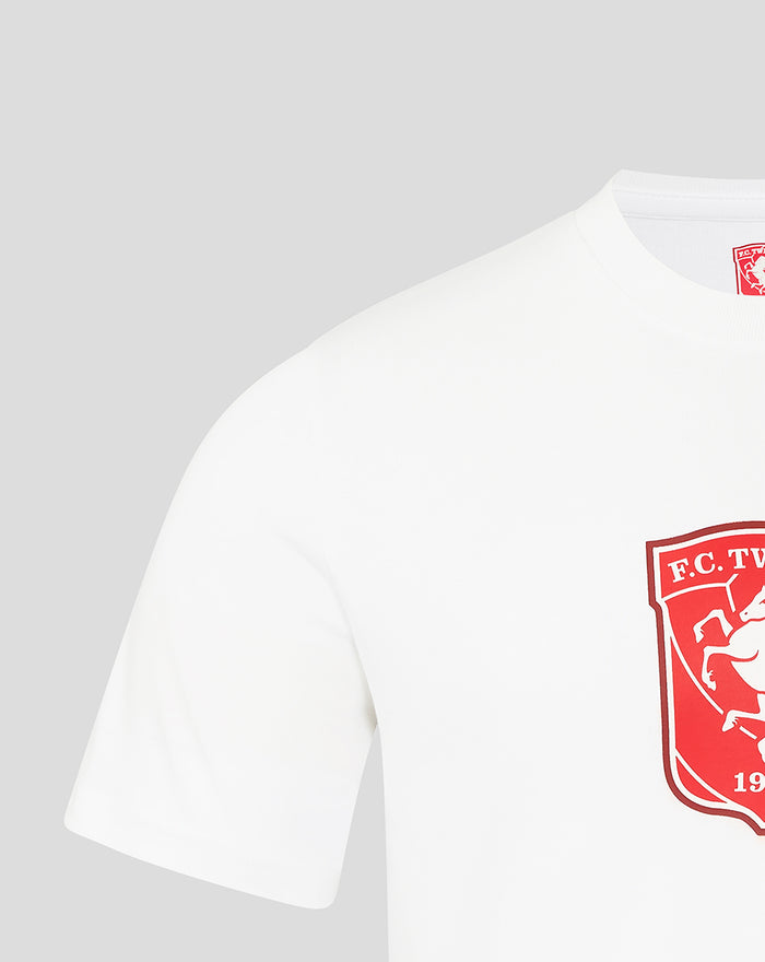 Close up of red FC Twente crest on a white T shirt for men