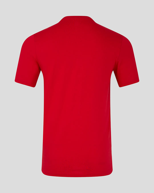 Back view of red FC Twente core logo T-shirt with neck label visible