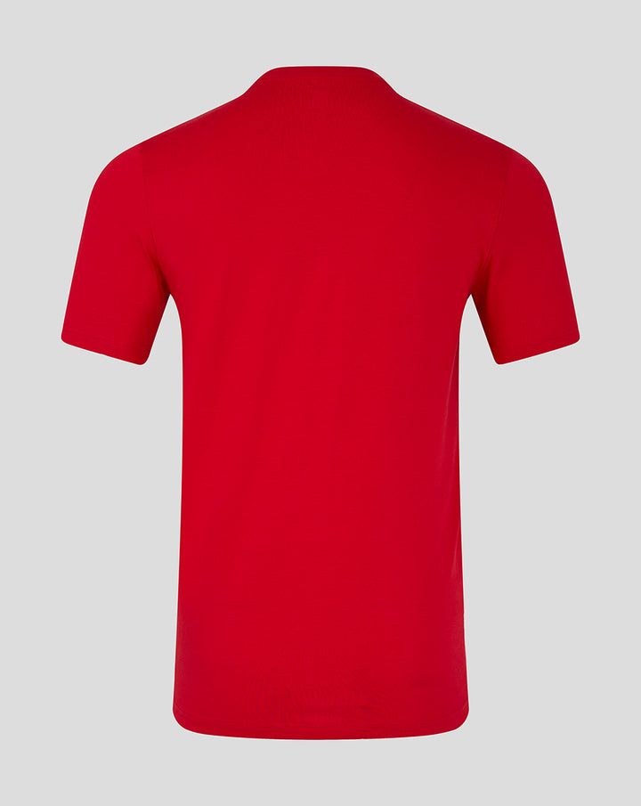 Back view of red FC Twente core logo T-shirt with neck label visible