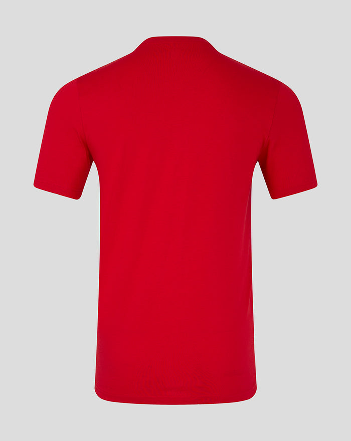 Back view of red FC Twente core logo T-shirt with neck label visible