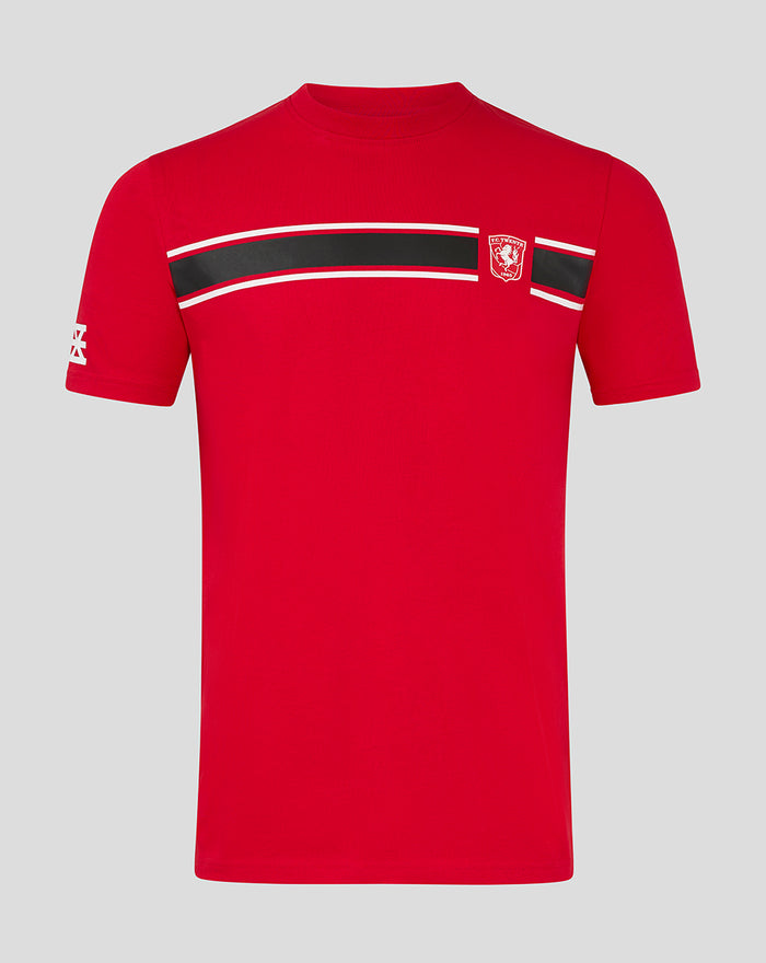 Front view of red FC Twente Classic men's T-shirt with black and white chest stripes and club crest