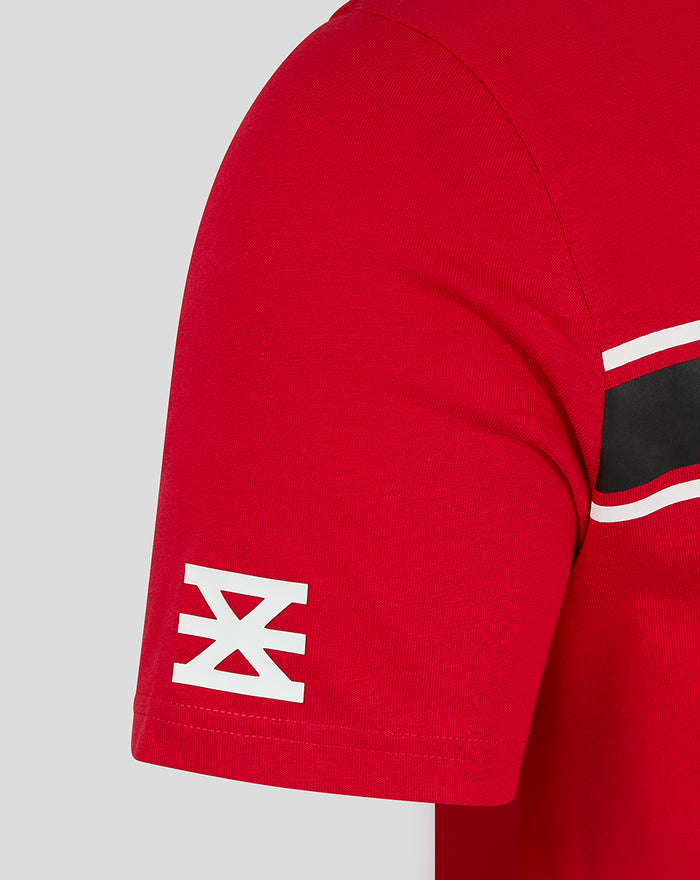 Close up of red FC Twente Classic T Shirt sleeve with a white geometric logo