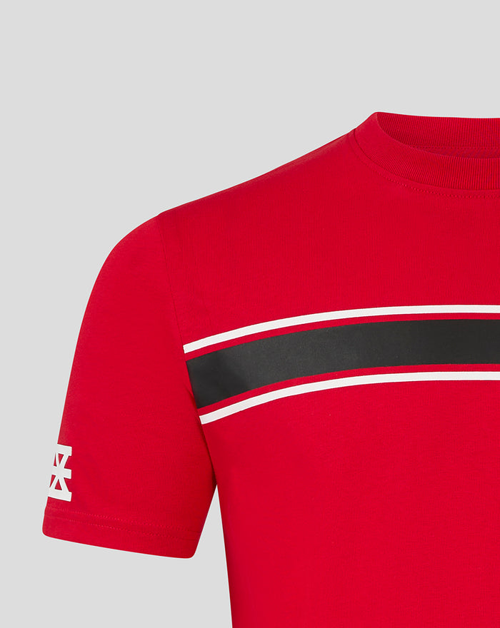 Red FC Twente Classic T Shirt for men with a bold black stripe and white piping across the chest