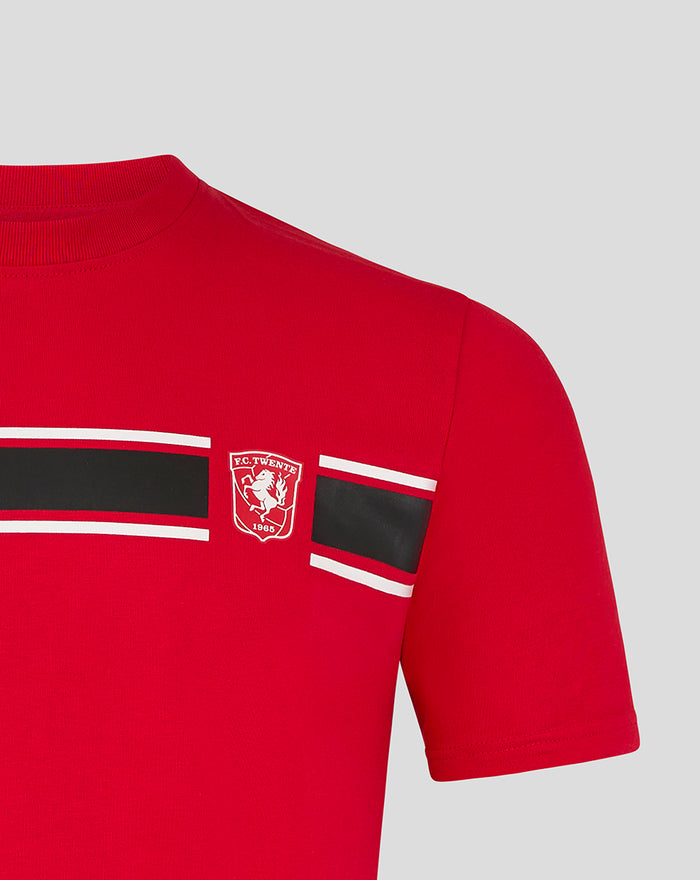 Close-up of red FC Twente Classic men's T-shirt chest showing crest and white stripe detail