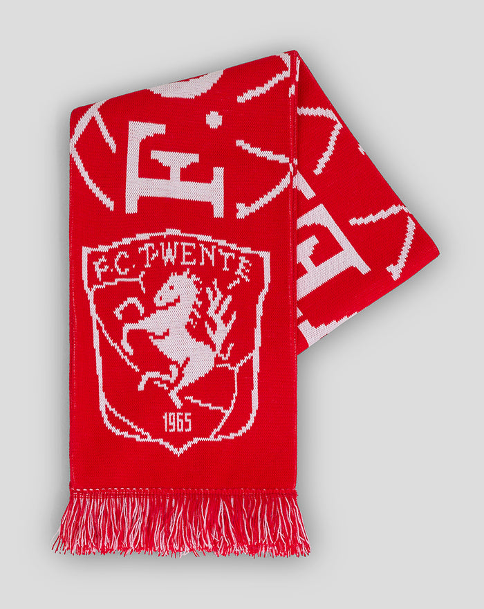 Close up of FC Twente Matchday scarf showing crest on bright red knit and fringed edge
