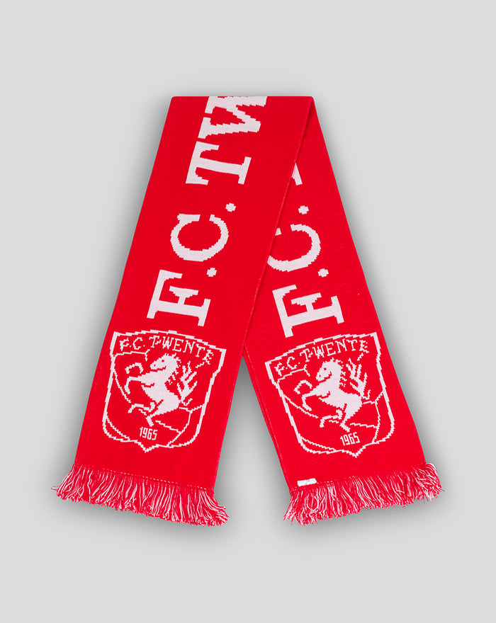 FC Twente logo scarf design featuring crest and white typography on red background