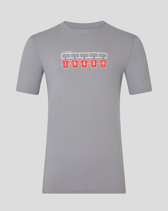 Light gray FC Twente adult T-shirt featuring a graphic of five red jerseys on a rack.
