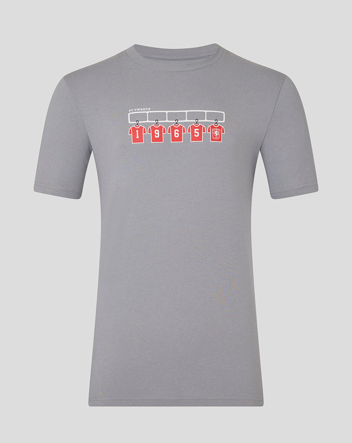 Light gray FC Twente adult T-shirt featuring a graphic of five red jerseys on a rack.