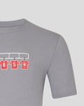 Shoulder close up of a gray FC Twente T shirt showing the red numbered jersey graphic across the chest