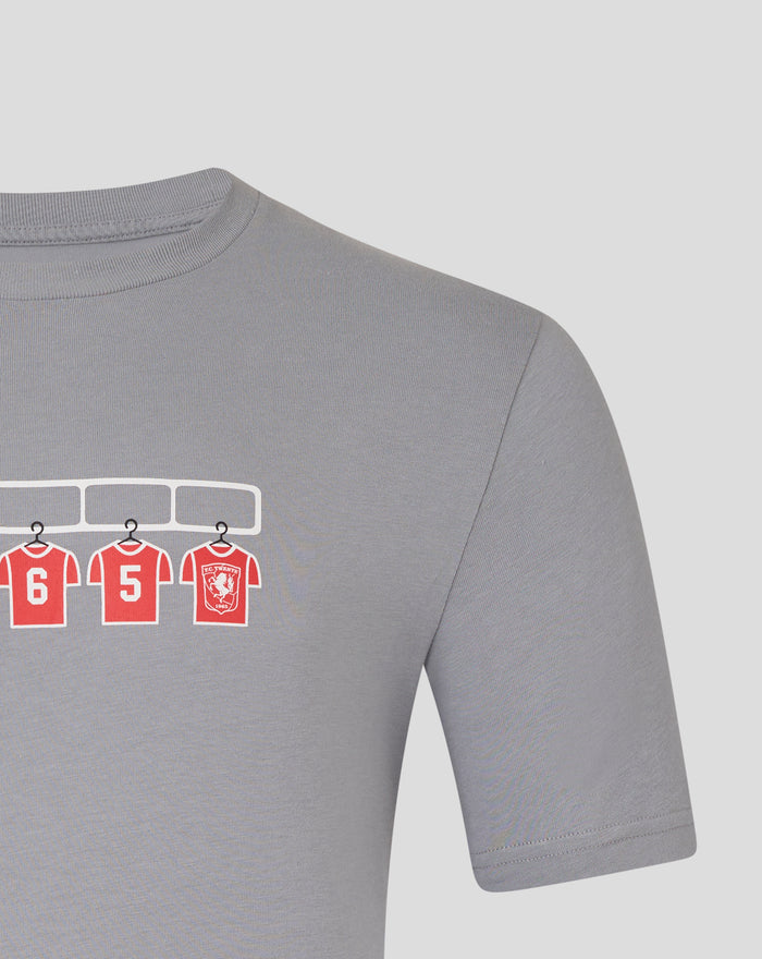 Shoulder close up of a gray FC Twente T shirt showing the red numbered jersey graphic across the chest