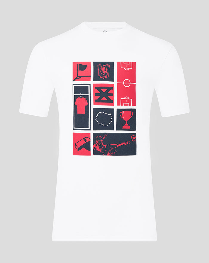 White FC Twente collage T shirt with a grid of red and navy panels displaying football icons and a trophy