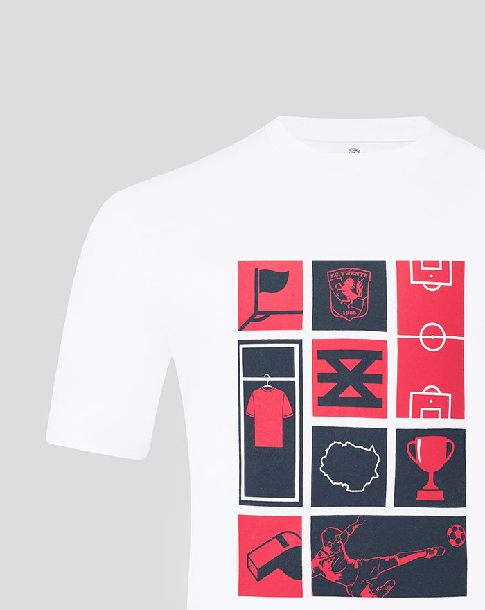 Front view of white FC Twente collage T-shirt for adults with a red and navy collage print