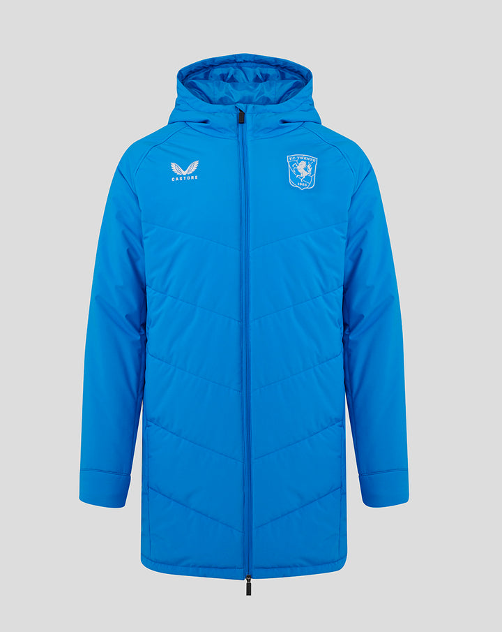 Bright blue FC Twente padded jacket with hood and full front zipper, crest on the left chest and Castore logo on the right.