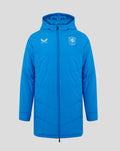 Bright blue FC Twente padded jacket with hood and full front zipper, crest on the left chest and Castore logo on the right.