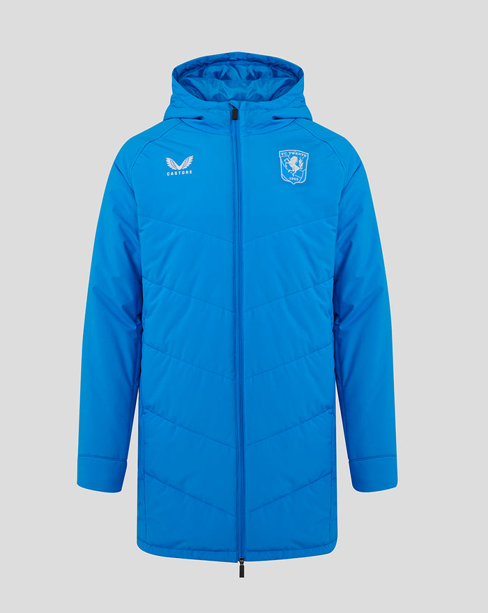 Bright blue FC Twente padded jacket with hood and full front zipper, crest on the left chest and Castore logo on the right.