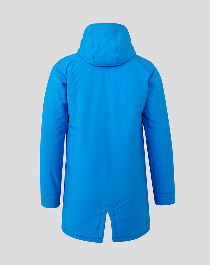 Back view of bright blue FC Twente jacket with hood, showing clean back and stitched seam details.