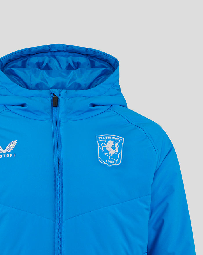 Bright blue FC Twente hooded jacket with front zipper and club crest on the chest.