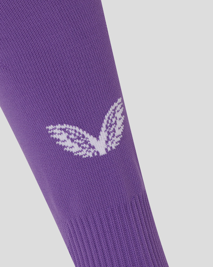 Purple FC Twente adult keeper sock with knit texture and white branding along the calf area