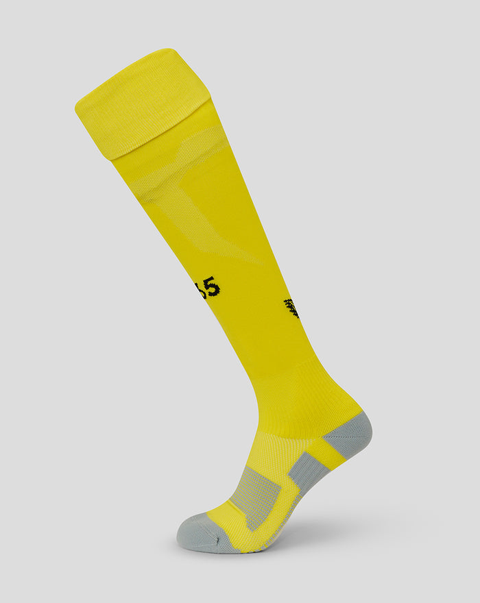 Yellow adults FC Twente keeper sock with black 1965 year mark on the leg and gray heel.