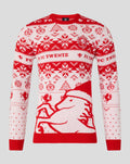 Rood-witte kersttrui met FC Twente logo en sneeuwvlakken op de borst