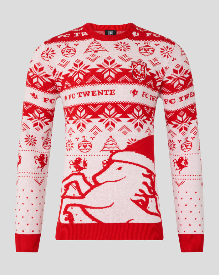Rood-witte kersttrui met FC Twente logo en sneeuwvlakken op de borst