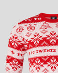FC Twente kersttrui voor volwassenen rood wit met sneeuwvlokken en clublogo