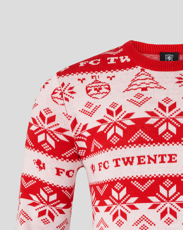 FC Twente kersttrui voor volwassenen rood wit met sneeuwvlokken en clublogo