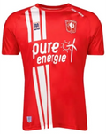 Front view of FC Twente red football jersey with white vertical stripes and sponsor logos