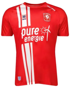 Front view of FC Twente red football jersey with white vertical stripes and sponsor logos