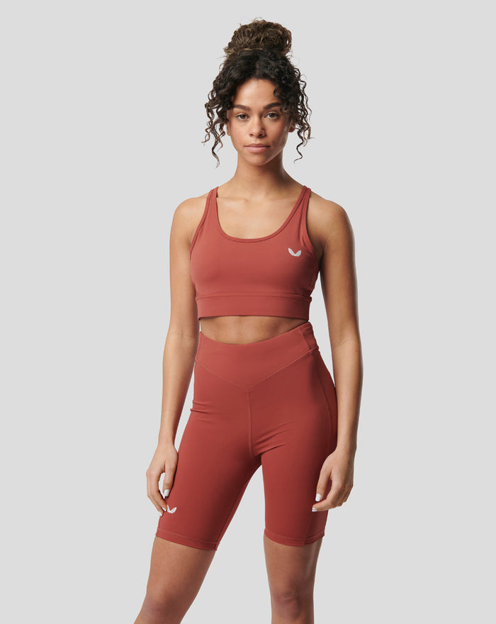 Womens Rosewood Active Core Bra with removable cups and matching high waisted shorts worn by a model