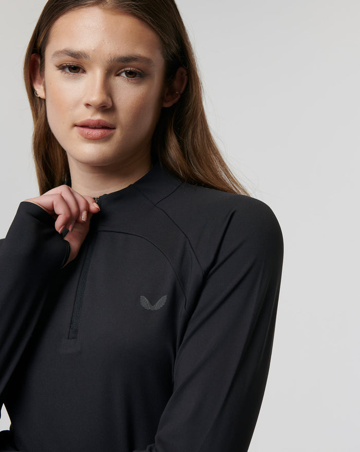 Model wearing black Onyx Active Technical 1/4 Zip with front zip collar and small chest logo