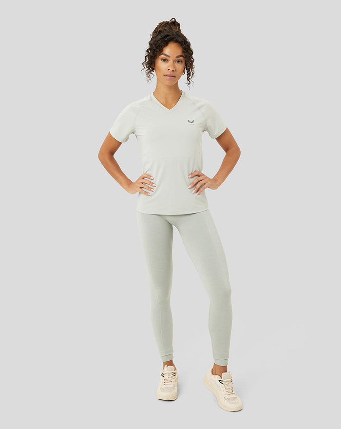 Light gray women's V neck training T shirt from the Astro Ore collection worn by a model