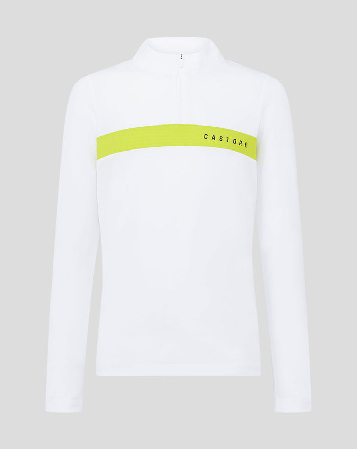 Junior white Tech Life Colourblock 1/4 Zip with neon yellow chest stripe and front zipper