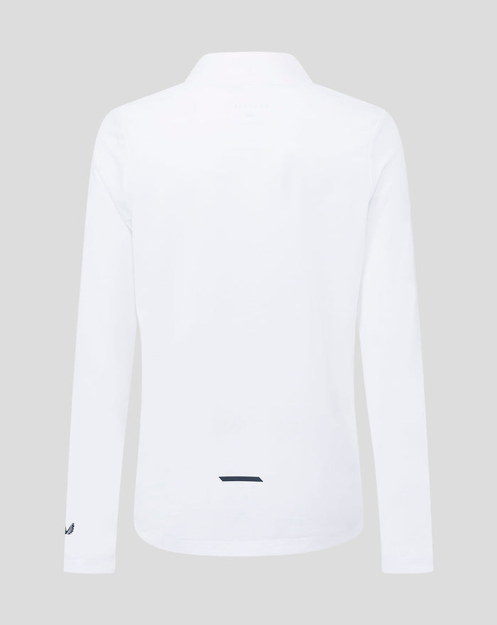 Back view of white Tech Life Colourblock 1/4 Zip with a small dark accent at the hem