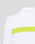 Detail of white quarter zip with neon yellow chest band on Tech Life Colourblock top