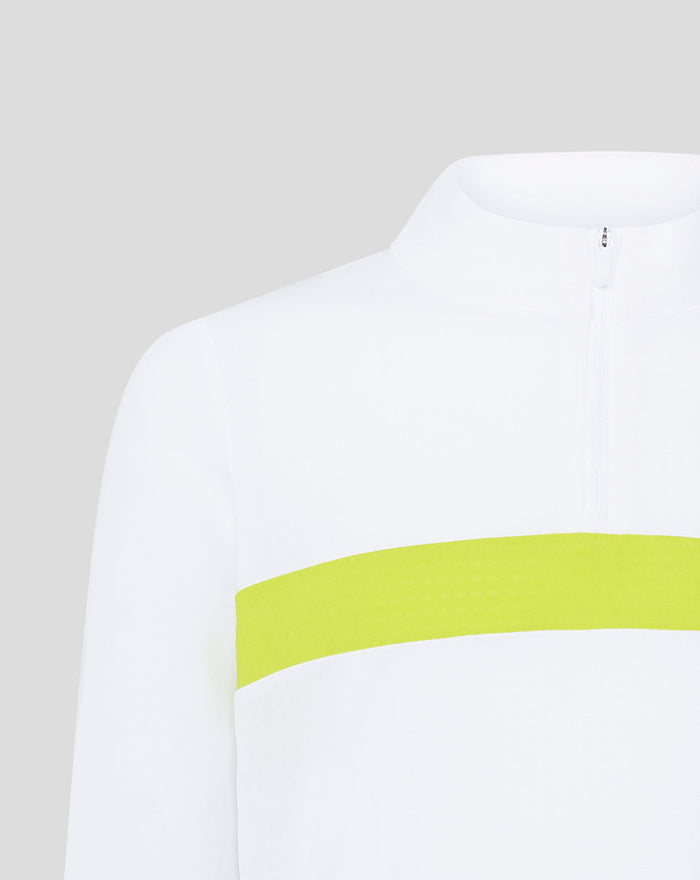 Detail of white quarter zip with neon yellow chest band on Tech Life Colourblock top